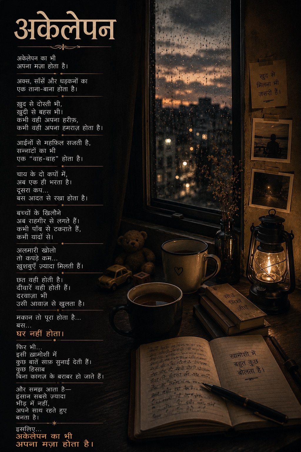 अकेलेपन — a verse on solitude, over a rainy window, chai, and a lantern-lit journal.