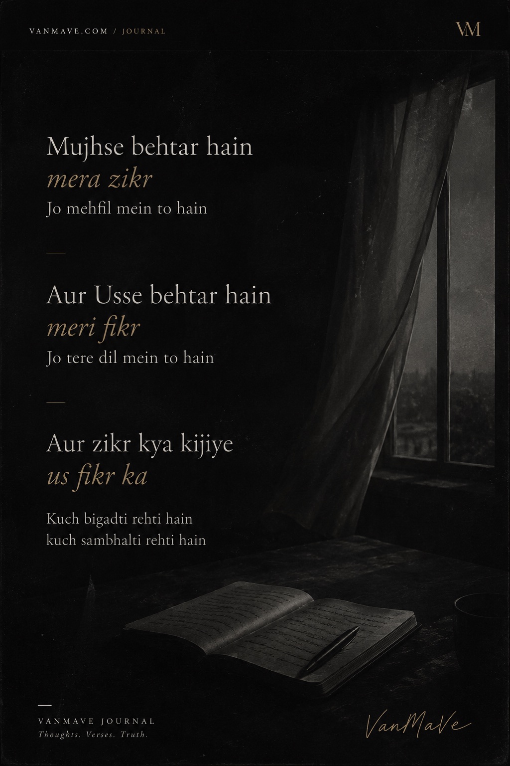 Mera Zikr, Meri Fikr — a verse, lettered by lamplight at a window.
